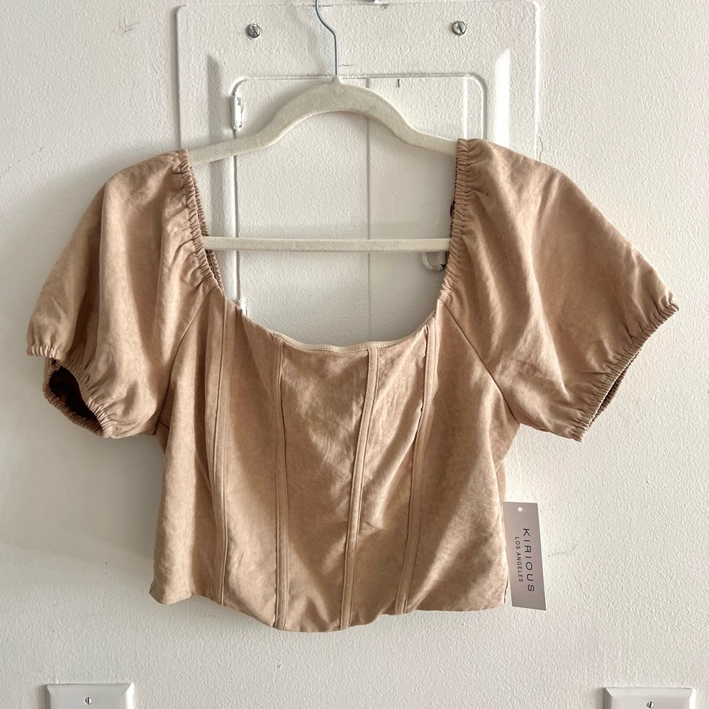 Kirious | NWT tan beige sweetheart neck cropped corset top puffed short sleeves